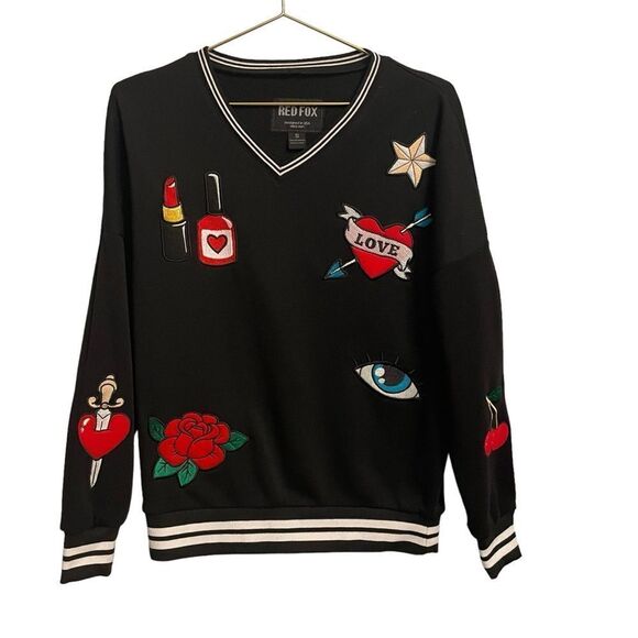 Red Fox Black Oversized Embroidered V Neck Sweatshirt Size Small - Picture 1 of 9